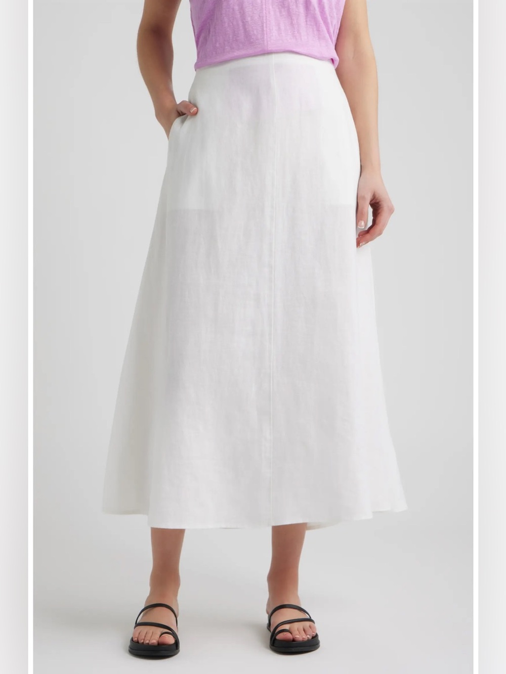 Eileen Fisher White A-Line Organic Linen Midi Skirt